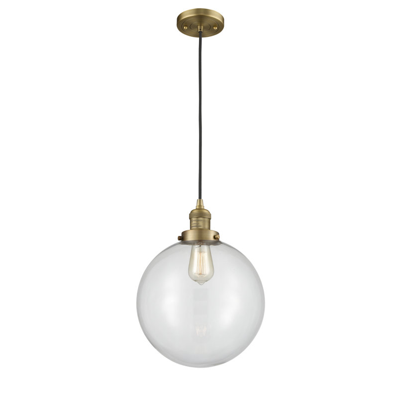 Luminaire sphère suspendu 1 lumières simple Lorene, Transparent, Ampoule non incluse, Laiton brossé