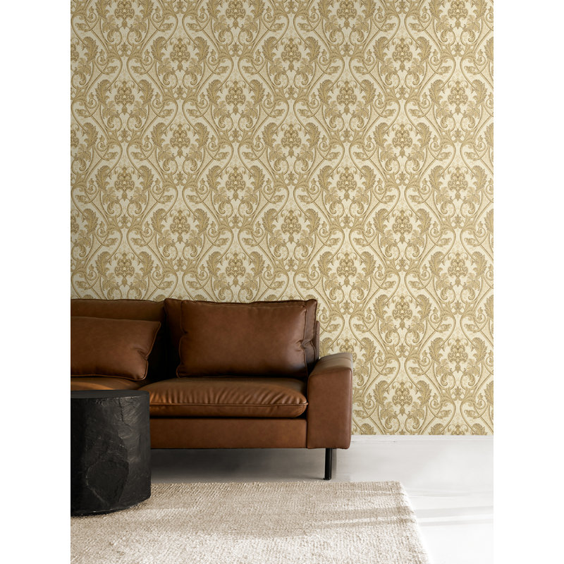  Papier peint à motif damassé beige et kaki Longthorpe Designs, Beige métallique / kaki