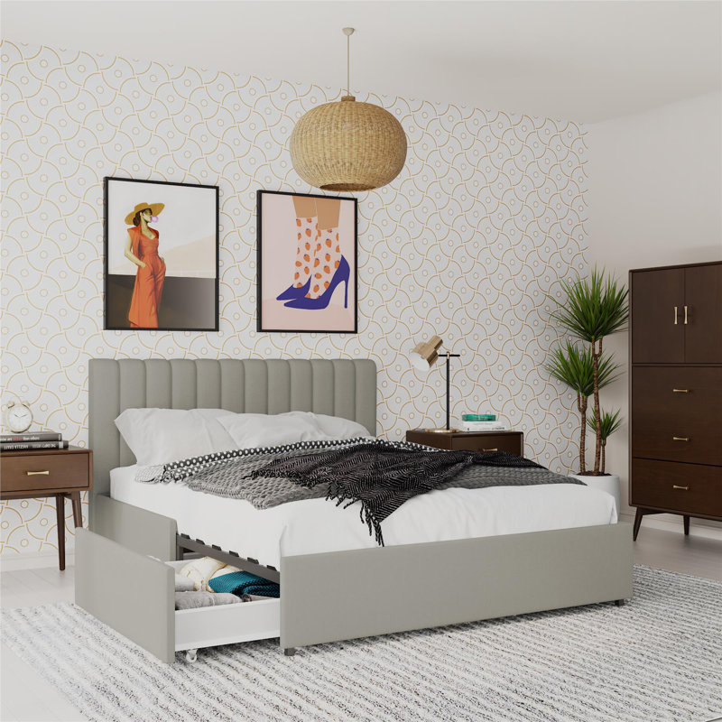 Lit plateforme tapissier avec rangement Brittany, Roi, Gris clair