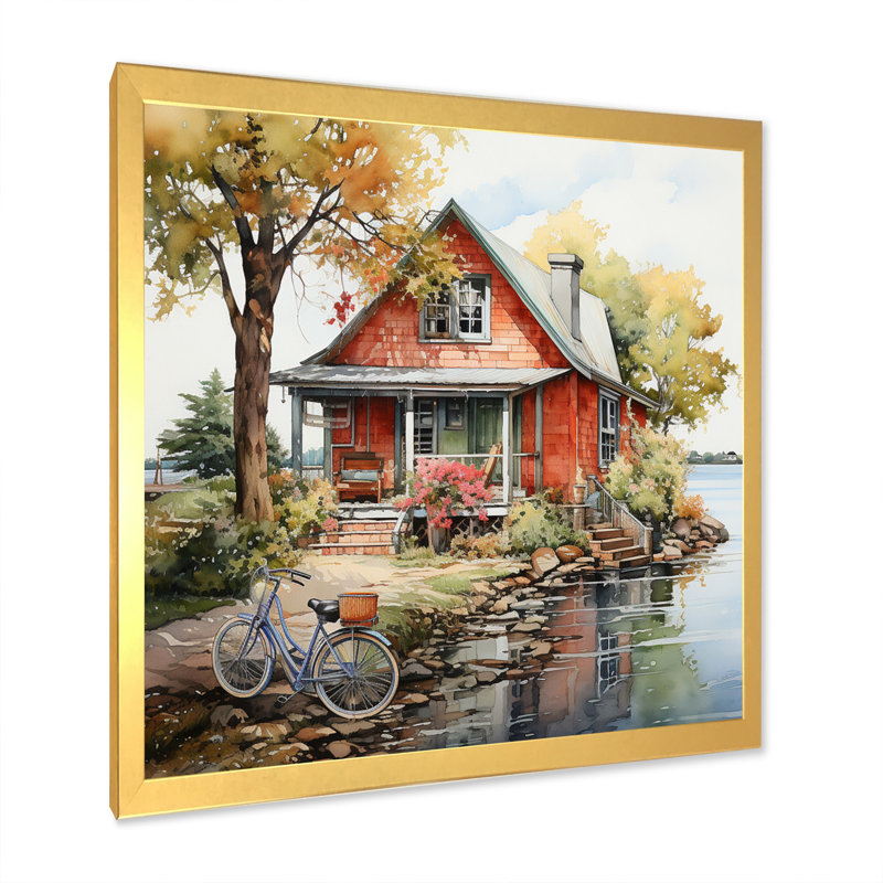 «Lakehouse Nostalgic Charm Pointillism I», reproduction, H 24 po x l 24 po x P 1 po, Encadrement doré