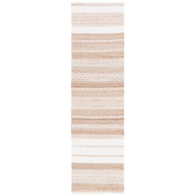 Tapis rayé fabriqué à la main Jekia en naturel / ivoire, Tapis de couloir 2 pi 3 po x 8 pi