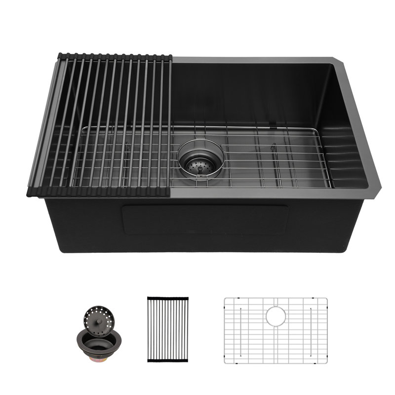 30'' L x 18" W Undermount Single Bowl Stainless Steel Kitchen Sink with Sink Grid and Basket Strainer, GunMetal Black