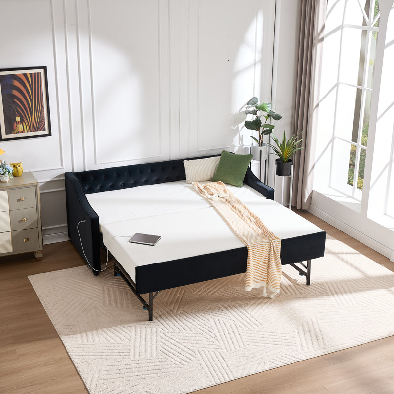 82.0" Wide Twin Upholstered Daybed With Pull-Out Trundle - Luxury Velvet Daybed With USB Charging Port & Side Pockets - Wavy Armrest Sofa Bed - Beige