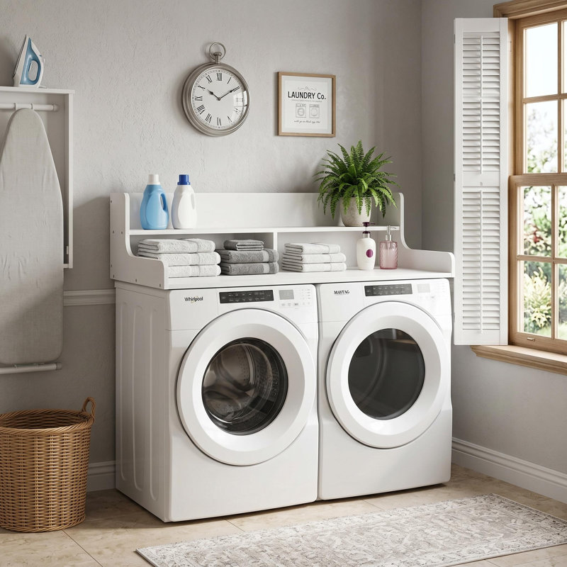Wood 54" x 27.5" Washer Dryer Countertop with 12" Edge Rails & Non-Slip Pads for Folding Clothes, White