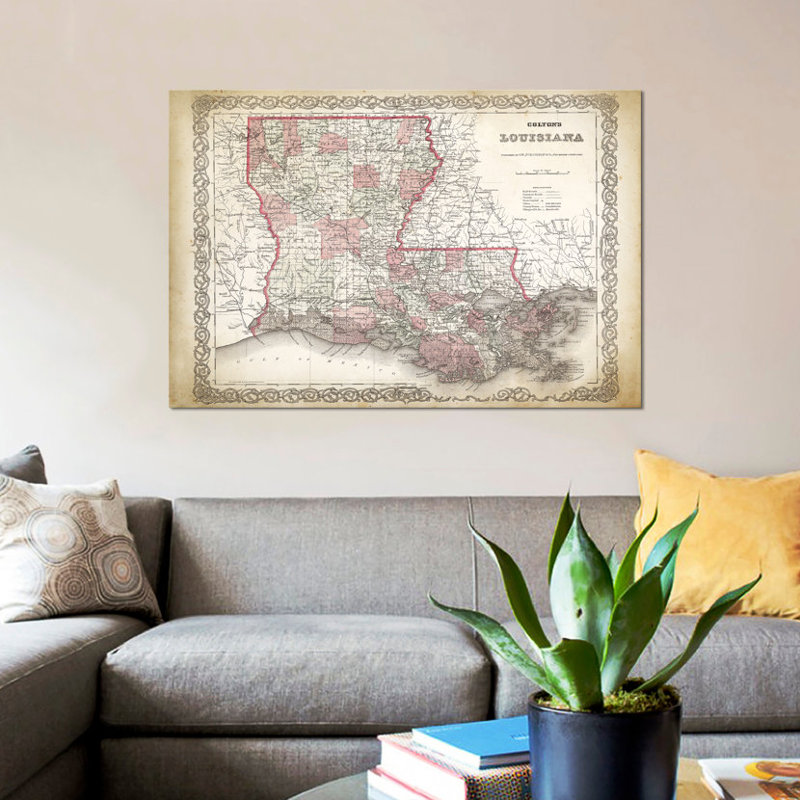 « louisiana map, 1886 », impression sur toile, H 26 po x l 40 po x P 1,5 po, Toile tendue, Pas de tapis