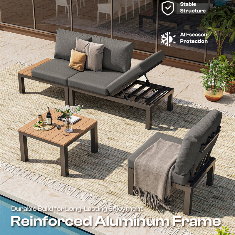 Table basse carrée en aluminium pour patio avec plateau en faux bois de teck, table d'appoint d'extérieur résistante aux intempéries pour la cour arrière, graphite