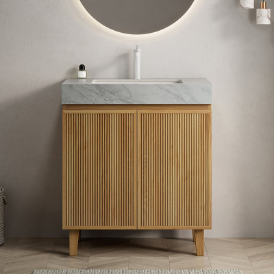 Meuble-lavabo de salle de bain 76 cm (30 po), meuble autoportant, comptoir en pierre frittée gris Carrara veinée et lavabo en céramique avec 1 trou pré-percé pour robinetterie, démonté, robinetterie et bonde non incluses.