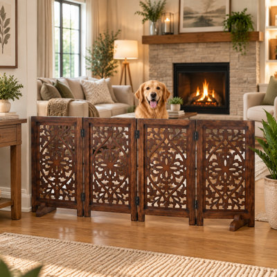 4-Panel Freestanding Foldable Wooden Dog Gate