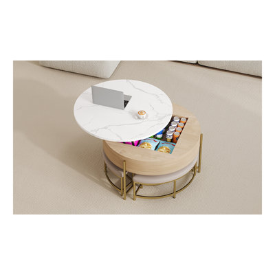 Modern Round Lift-Top Coffee Table With Storage & 3 Ottoman White & Natural