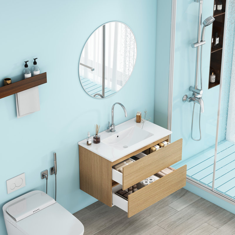 32-Inch Wall-Mounted Bathroom Vanity with Double Drawers, Soft-Close System,Ceramic Sink,No Handle Design, Natural