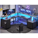 Rockville 108.2'' W L-Shaped Computer Desk with Drawers and Power Outlets