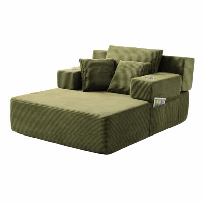 Chaise longue en velours côtelé luxueux avec 3 coussins, canapé-lit convertible avec poche de rangement, conception sans cadre et mousse de compression pour les petits espaces