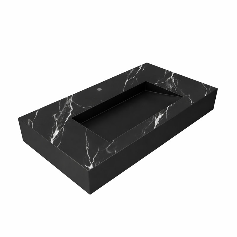 Pyramid 36" Wall Mounted Rectangular Solid Surface Bathroom Sink in Matte Finish - Marble Black, With Faucet Hole, Single