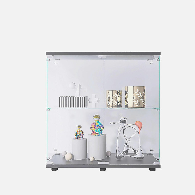 2 Layer Glass Display Cabinet with 2 Doors, Curio Cabinets, Glass Display Cabinet Showcase Countertop with Lock, Tempered Glass with MDF Base