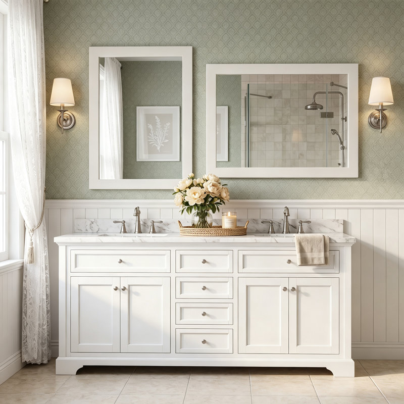 Miroir d'appoint en bois massif, miroir de meuble-lavabo mural en bois massif, 32"*24", Blanc