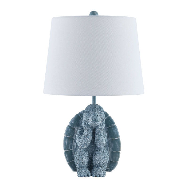 19.5" Blue Textured Resin Turtle Table Lamp, Blue, White
