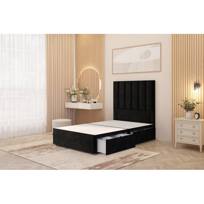 Asterin Divan Bed Base with 54" Floor Standing Headboard Plush Velvet, Black, Super King (6'), 2 Drawers