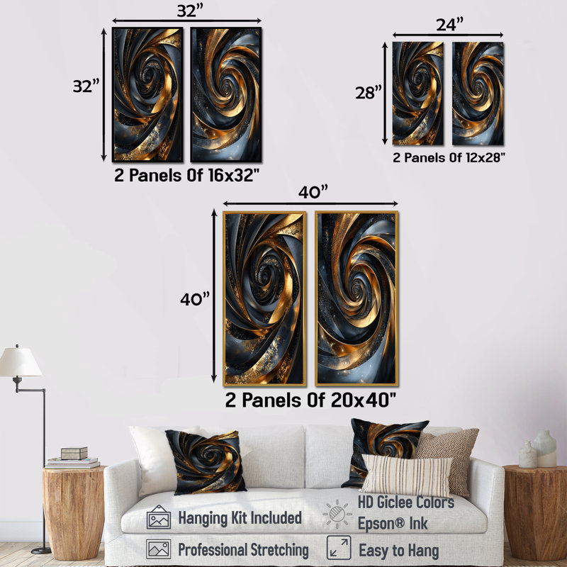 Spirales abstraites dans des tons dorés et noirs I - ensemble de 2 pièces d'art abstrait spirales murales, H 28 po x l 24 po
