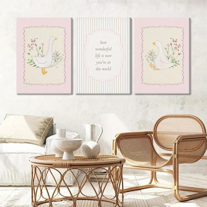 Vintage Pink Silly Goose Canvas Wall Art Neutral Floral Print Painting Preppy Aesthetic Picture Inspirational Nursery Wall Decor Suitable For Girls Children's Room Home Decoration 12X16in