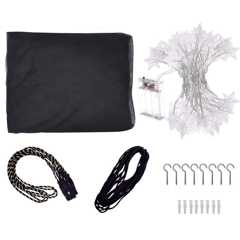 8 Corner Bed Canopy With 100 LED String Lights (Black) 200 X 250Cm