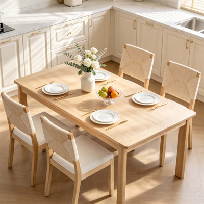 Ensemble de chaises de salle à manger de style champêtre français, ensemble de 2 chaises de cuisine et de salle à manger de style campagnard, assise en bois massif avec dossier tissé et revêtement en lin, structure en bois massif (seulement chaise)