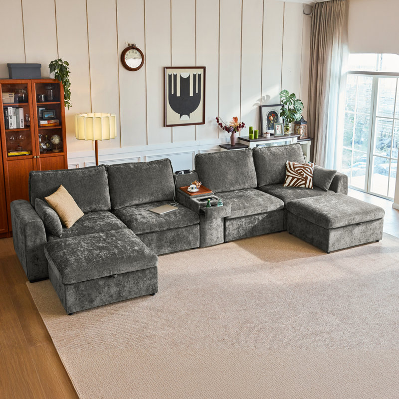 U-shaped 6-seater Sectional Couch Chenille Oversized Modular Sofa Cloud Couch With Versatile Console, Convertible Side Table Charging Storage Cup Holder