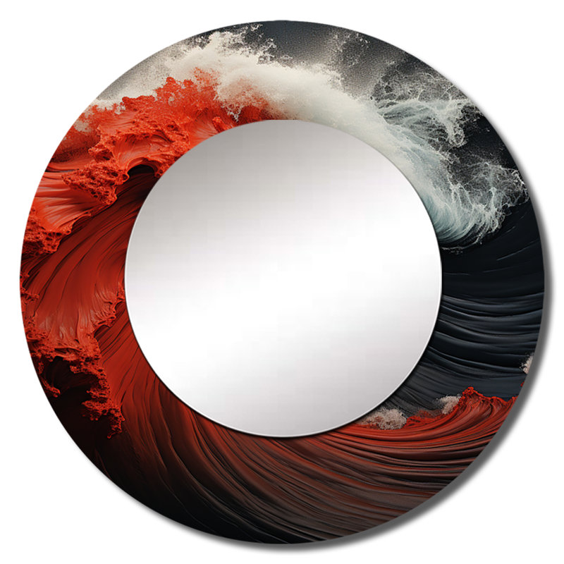 Vague rouge et blanche, merveille colorée - miroir décoratif bord de mer, miroir mural rond rouge, impression d'art en métal