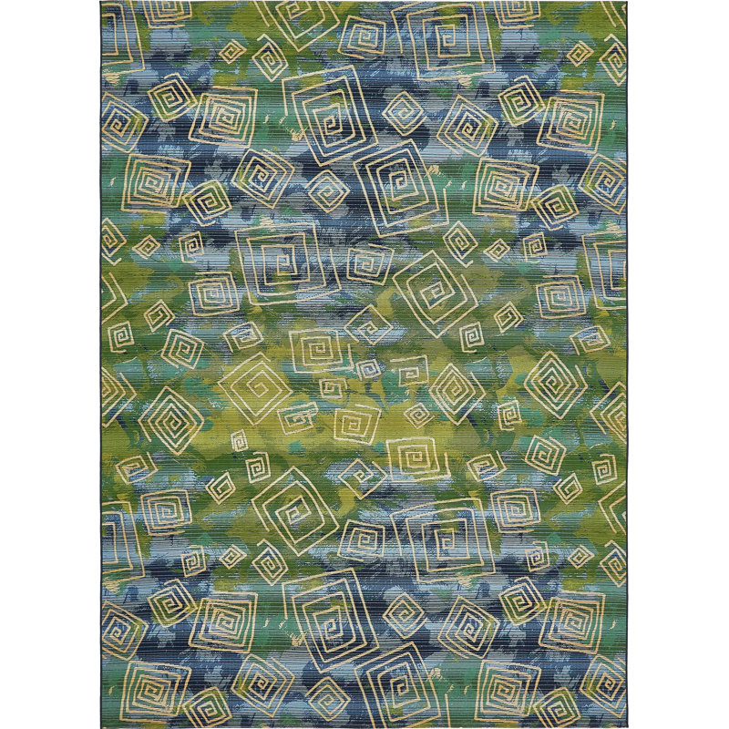 Tapis intérieur / extérieur bleu abstrait Dylan, Rectangle 8 pi x 11 pi 4 po