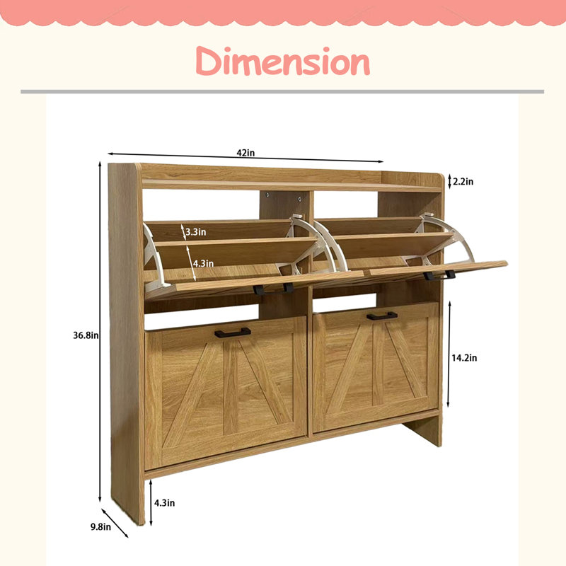 Rustic Barn-Door Shoe Cabinet With 4 Flip Drawers, Sleek Space-Saving Entryway Organizer For Living Room, Light Oak
