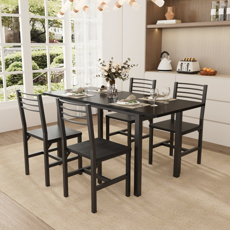 Ensemble de salle à manger 5 pièces en bois et métal avec table extensible à quatre pieds, Noir