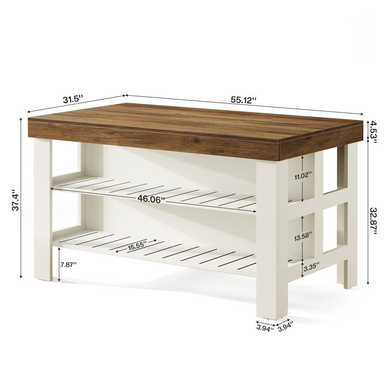 55.1" Kitchen Island Table With Storage And Seating Space For Kitchen Dining Room, Brown/White
