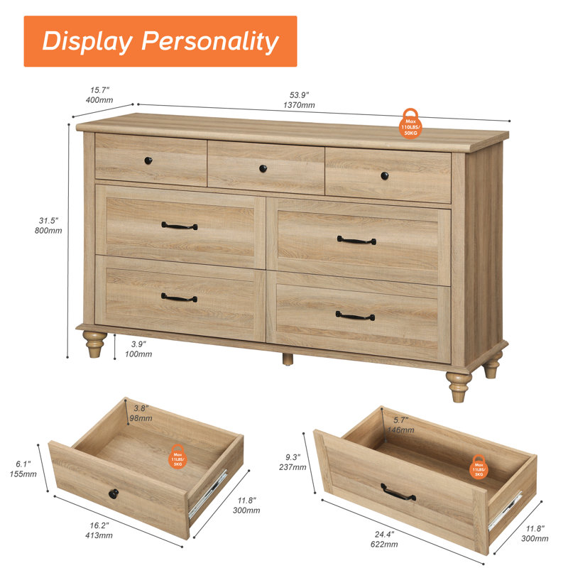 Teen Dresser For Kids Room, 7 Drawer Dresser For Bedroom, Natural