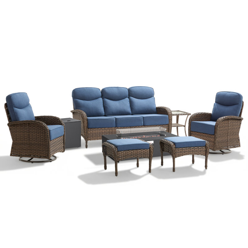 7-Piece Outdoor Wicker Courtyard Fire Pit Conversation Set With Sofa, Swivel Chairs And Ottomans, Blue