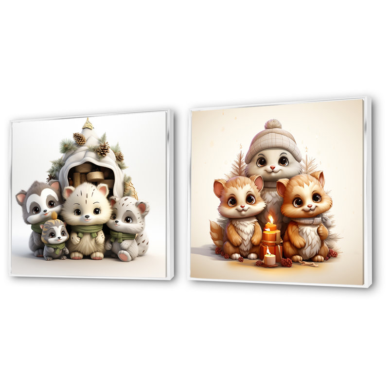 Joyfull Nursery Teddy Bears I - Ensemble de 2 reproductions sur toile d'ours en peluche, Cadre flottant blanc