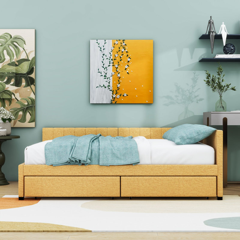 Modern Full Size Upholstered Daybed with Storage Drawers, Yellow