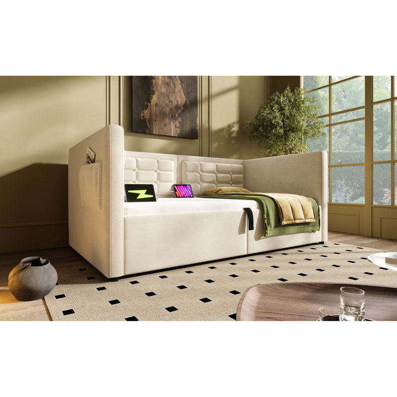 Twin Size Beige Velvet Upholstered Daybed With Hydraulic Storage, & Type - C Charging, Wooden Slats, And Back For A Practical Bedroom Furniture Back, Bed Frame Without Mattress, Convenient Charging