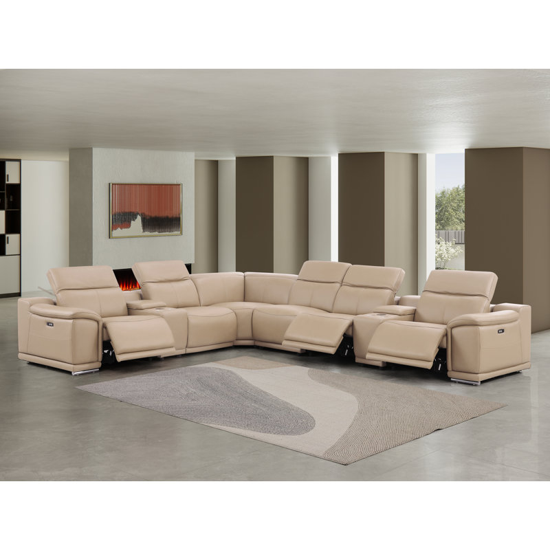 8-Piece L-Shaped Power Reclining Sectional In Genuine Leather – 3 Recliners, Beige Top Grain Leather