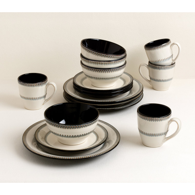 White Ceramic Bohemian 16-Piece Dinnerware Set with Trim Embellishment
