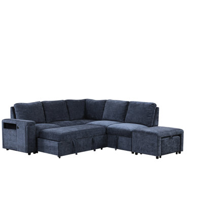 En forme de L bleu avec rangement, port de charge et porte-gobelet - Cadre en contreplaqué doux et robuste pour appartement moderne et compartiment de rangement