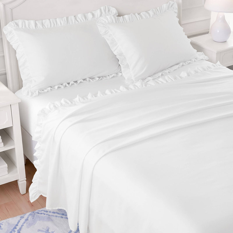 Queen Sheets & Pillowcases, White Microfiber Ruffled Hem Set, All Season