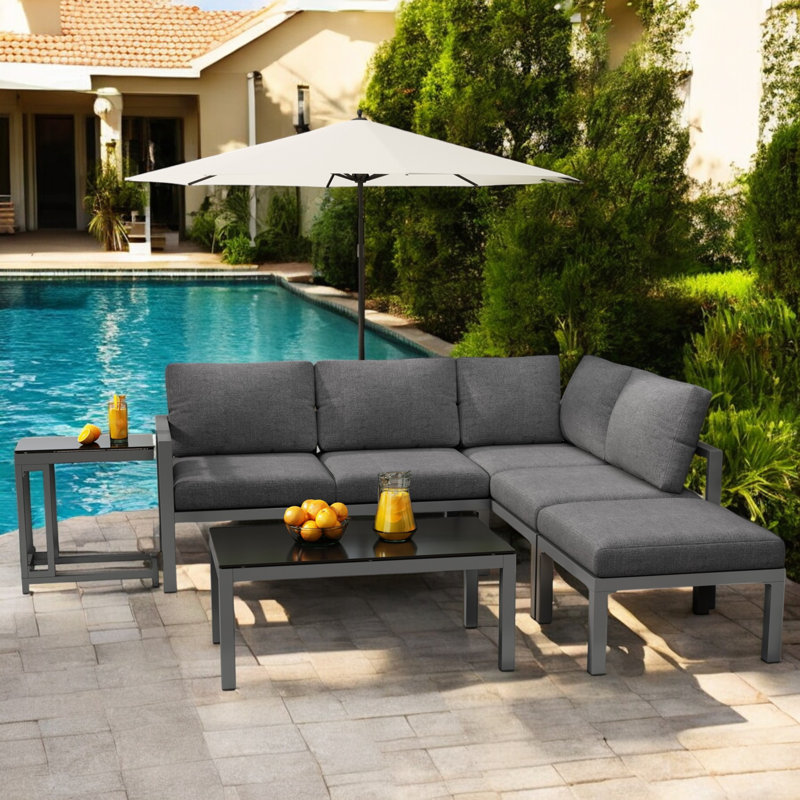 Grey Outdoor Garden Patio Lounge Sofa Set With Side Table And Coffee Table Set Of 5