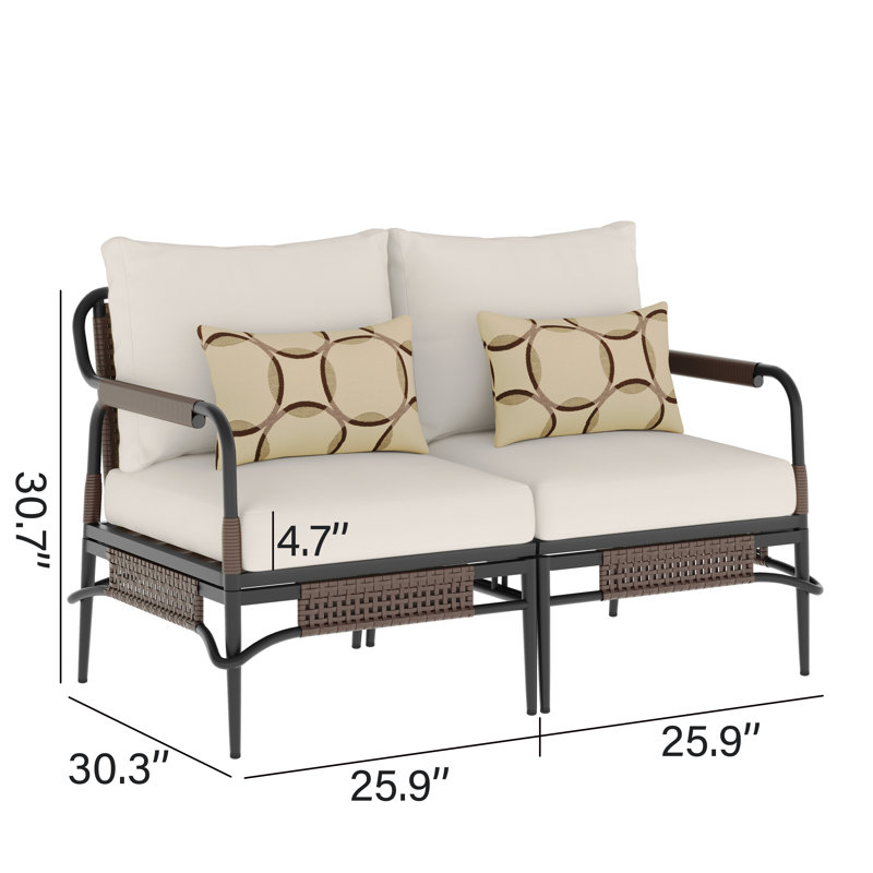 Causeuse d'extérieur en aluminium et osier Fern avec coussins et coussins Sunbrella, Structure gris foncé / coussin beige
