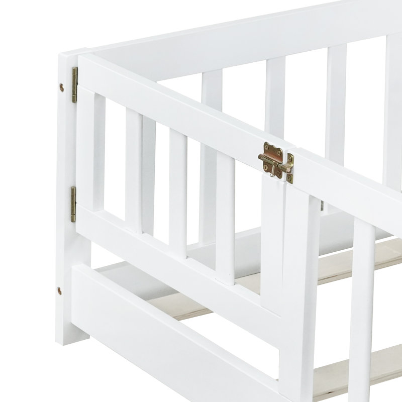 Kids Bed Soild Wood Platform Floor Bed With Safety Guardrails And Door For Bedrooms, Full, White