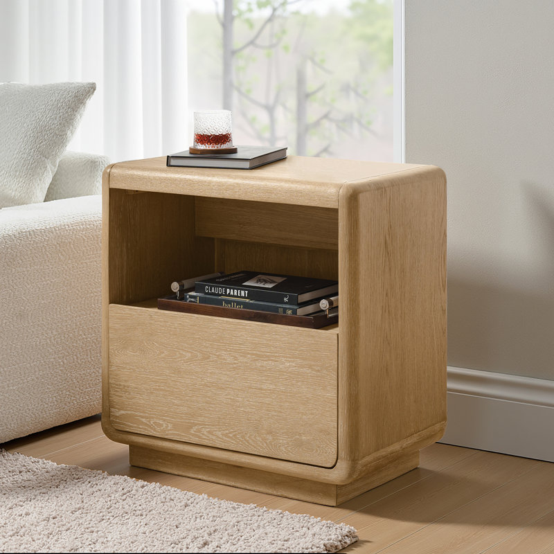 Allegan 26''W Mid-Century Modern Oak Veneer Nightstand with Charging Ports and Hidden Drawer, Natural