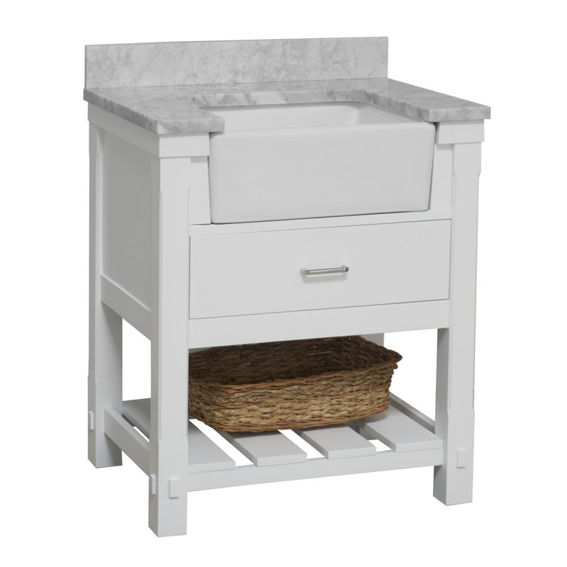 Hitton 30'' Single Bathroom Vanity with Top, White, Carrara Marble