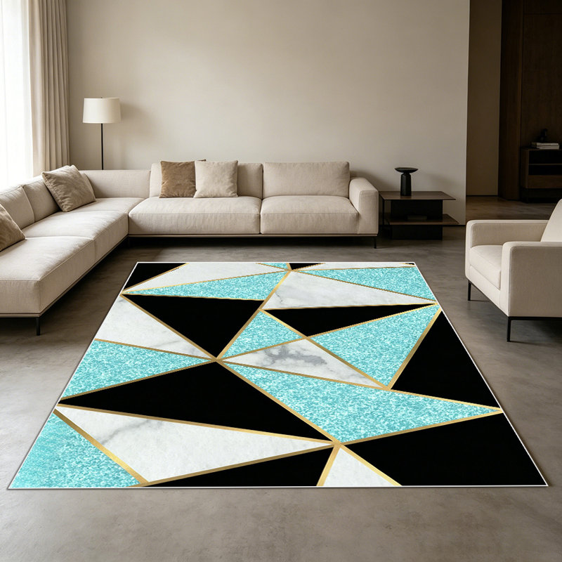 1PC Geometric Triangle Turquoise Black White Marble Glitter Gold Trim Modern Abstract area rugs for Living Room, Soft and Comfortable, Suitable for all seasons, easy-to-maintain, machine washable Indoor floor mat, Under Table Farmhouse suitable for