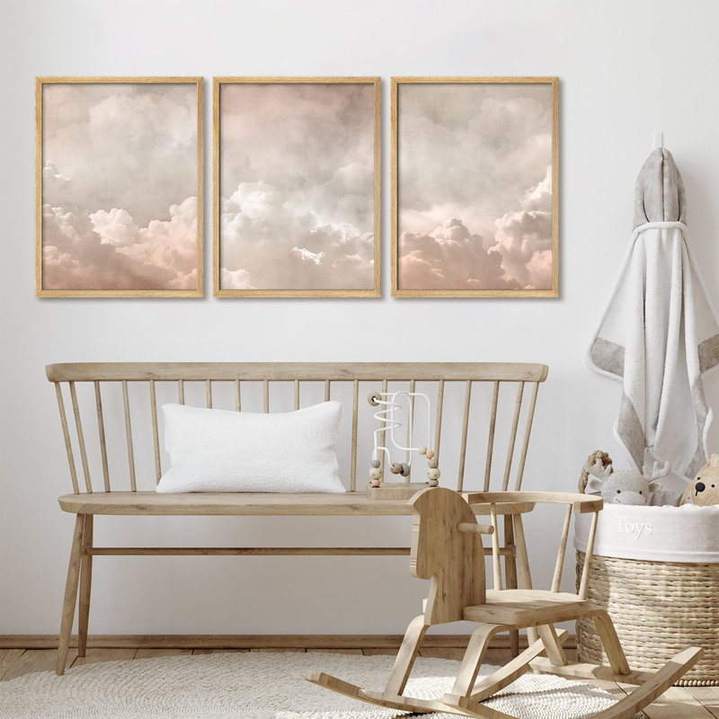 Ensemble d'art mural encadré en nuage 3 pièces - Warm Beige Misty Sky, Naturel, H 14 po x l 11 po