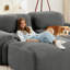 Velours côtelé gris de 82 po avec séparation, courbé, à conception coulissante, pour installation audiovisuelle modulaire, structure, coussins à haute résilience, ambiance