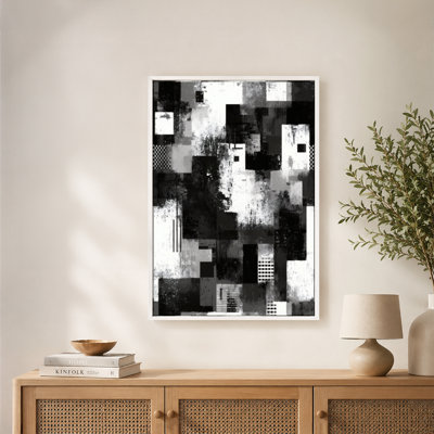 Grunge Monochrome Squares Rectangles Canvas Wall Art with Floating Frame, Ready to Hang