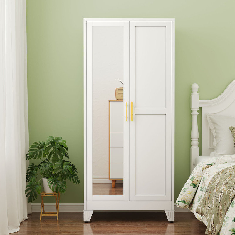 Armoire garde-robe en métal avec miroir noir et blanc, Blanc